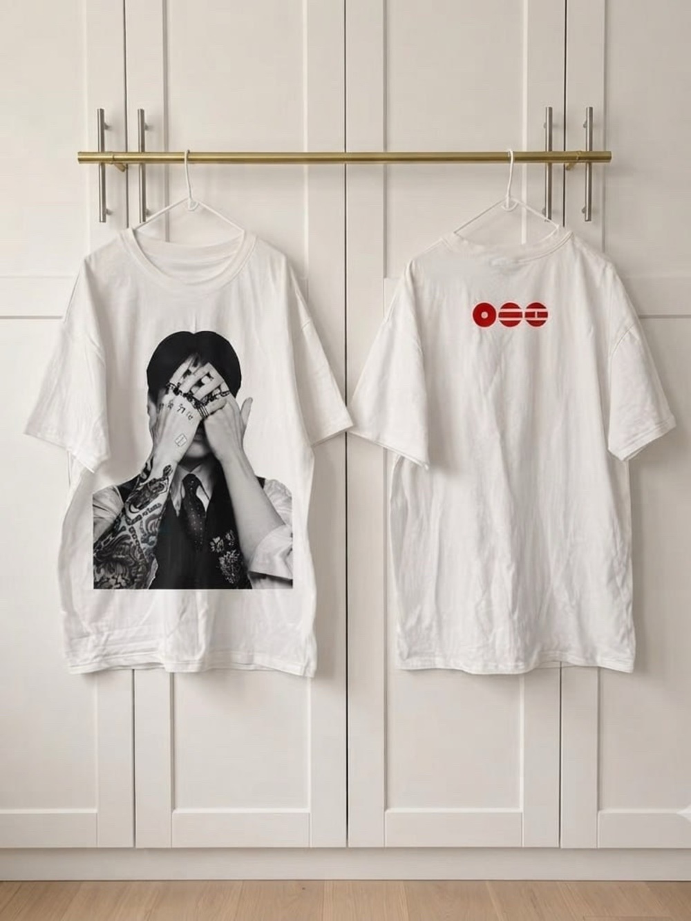 BTS Arirang Men's White Short Sleeve Graphic Tee with Black Portrait Print